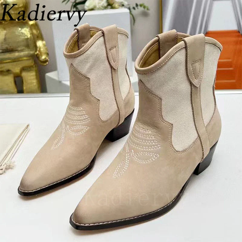 Suede Leather Embroidery Western Cowboy Boots Woman Pointed Toe Runway Shoes Women Square Heels Ankle Boots For Women