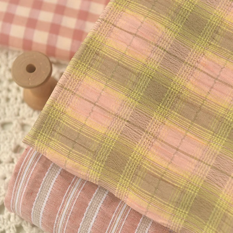 

Yellow Nude Pink White Striped Polyester Cotton Summer Autumn Dress Shirt Hairband Fabric Tablecloth Material Country Style