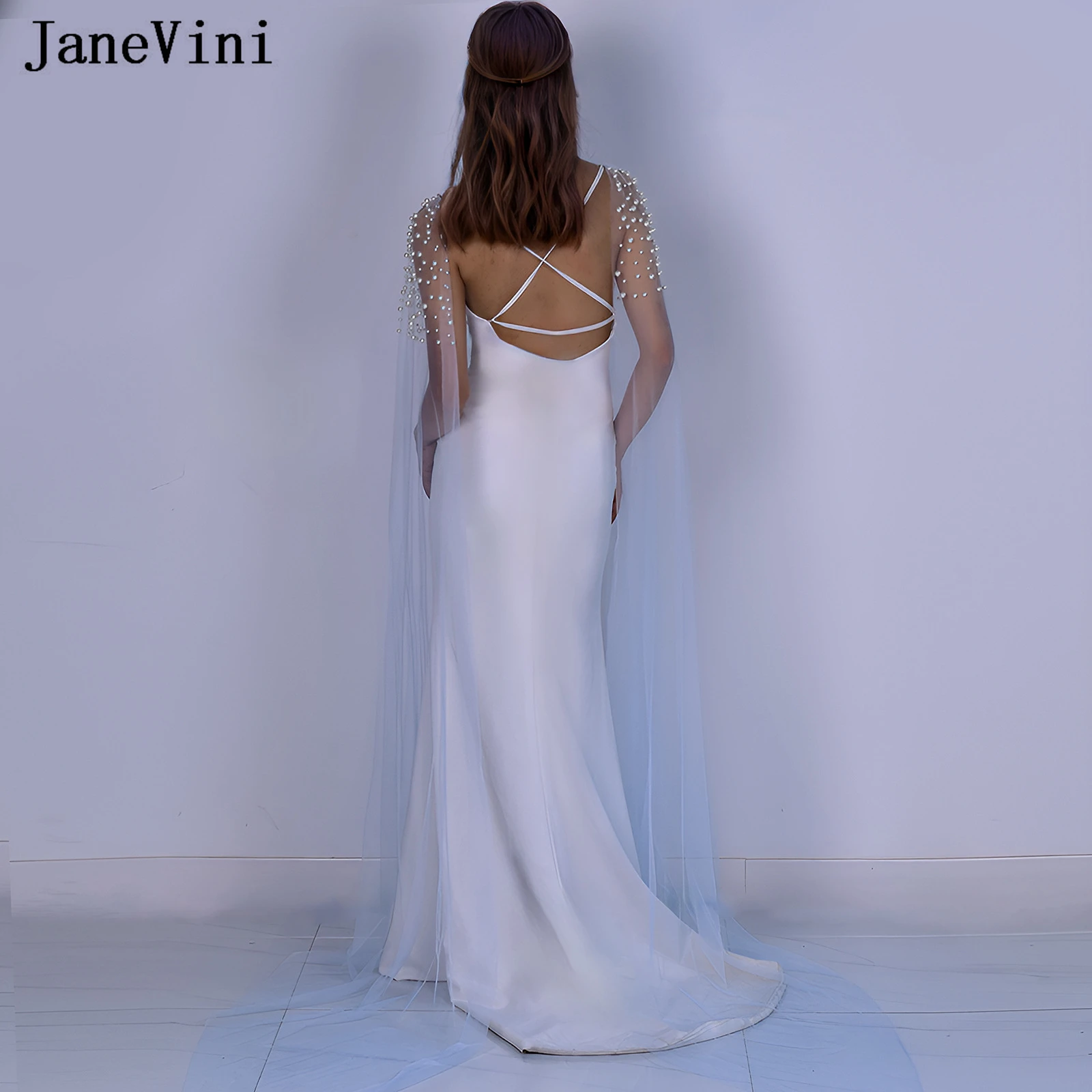 JaneVini Luxury Pearls Wedding Cape Bridal Shawl With Pin Blue Long Tulle Braut Bolero Sleeve Wraps Shoulder Cover Wedding Stuff