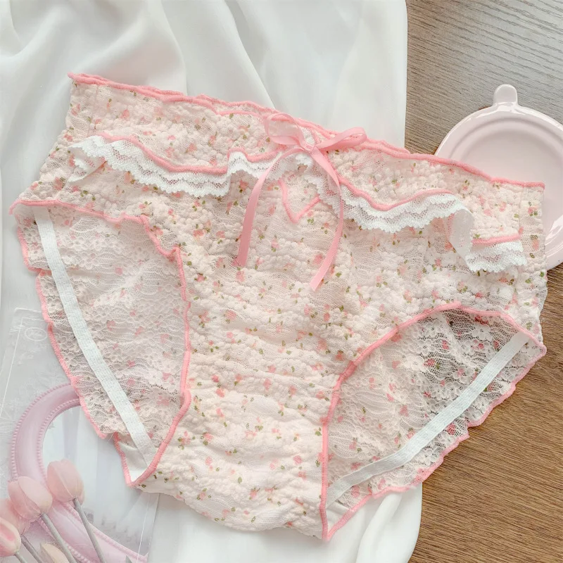 Women Broken Flowers Ruffle Embroidery Sexy Lace Underwear Cute Lovely Sweety Panties Stretch Breathable Princess Style Breifs