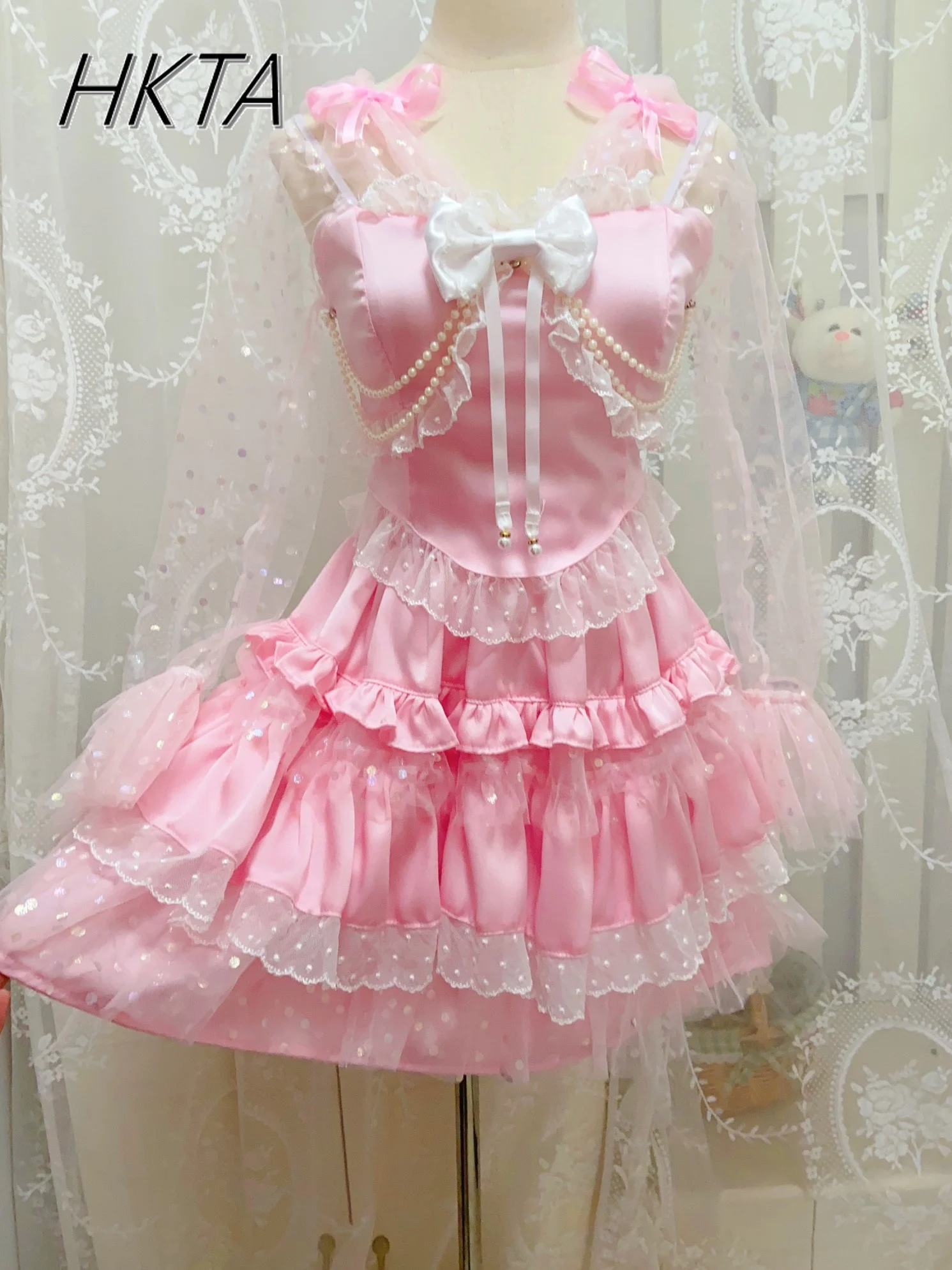 

Лолита Sweet Cute Slim Fit Hot Girl Топ Кружева Сетка Лук Розовый Жилет Женская Весна Лето Принт Торт Юбка Женские Комплекты Топ и Юбки