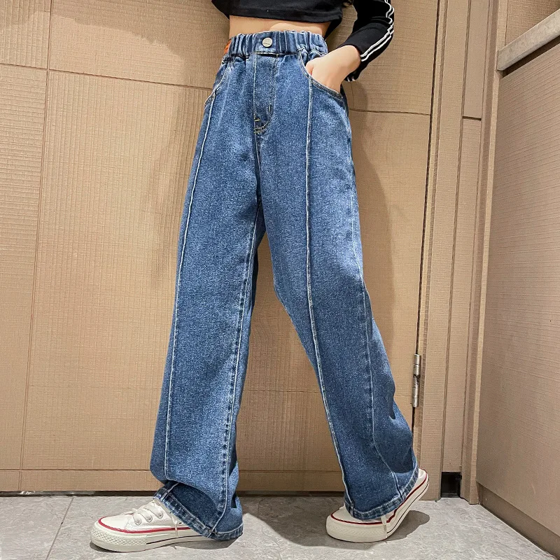 Wide Leg Jeans for Girls 6 8 9 10 11 12 14 Years Spring Autumn Loose Vintage Straight Retro Pants Fashion Teenage Kids Trousers