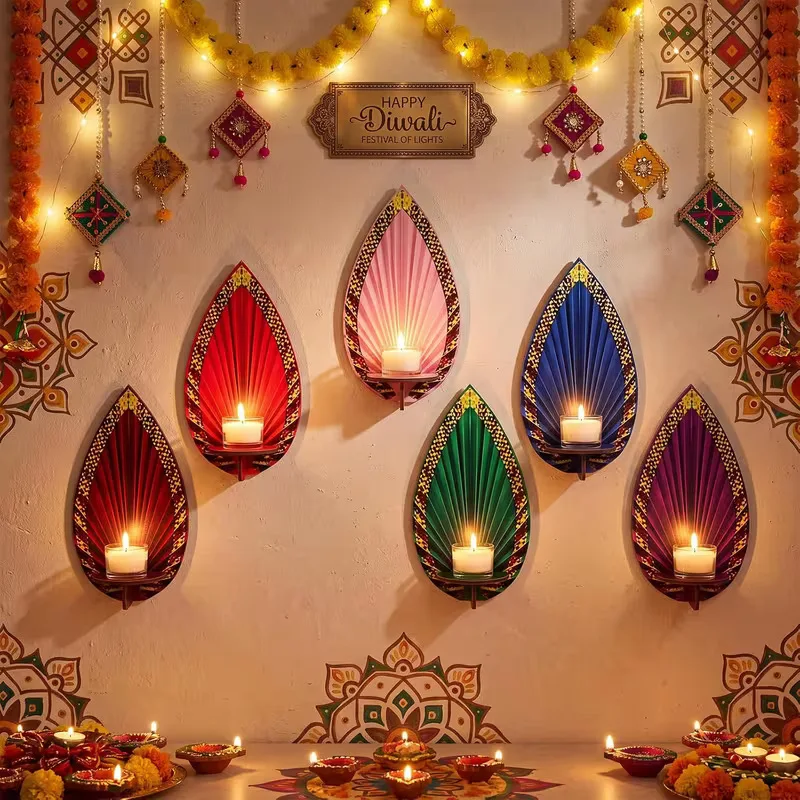 Diwali Water Drop Wall Hanging Candle Holder, Indian Fabric Tealight Sconce, Festival Wall Decor Wooden Craft,Ethnic Home Accent