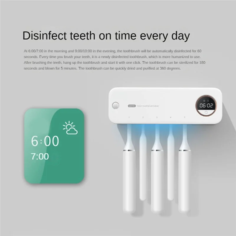 UV Toothbrush Sterilizer Rechargeable Fast Drying Wall-Mounted Tooth Brush Holder with LED Display for Bathroom