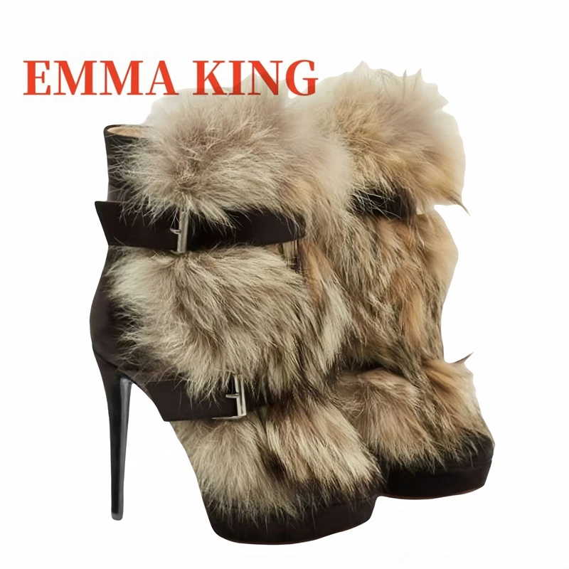 البني فو الفراء حذاء من الجلد رقيقة عالية الكعب أشار تو أفخم فستان دافئ الأحذية حزام سلسلة معدنية ديكور أحذية بوت قصيرة حجم كبير 44 #5