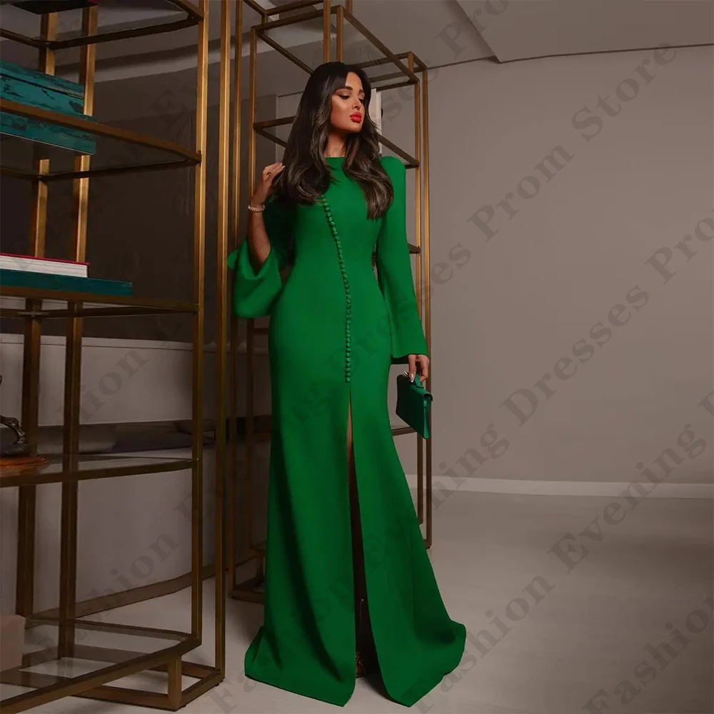 Green Women's Long Sleeve Evening Dresses Minimalist Princess Prom Gown 2024 Fashion Celebrity Beach Formal Party Robe De Soiree