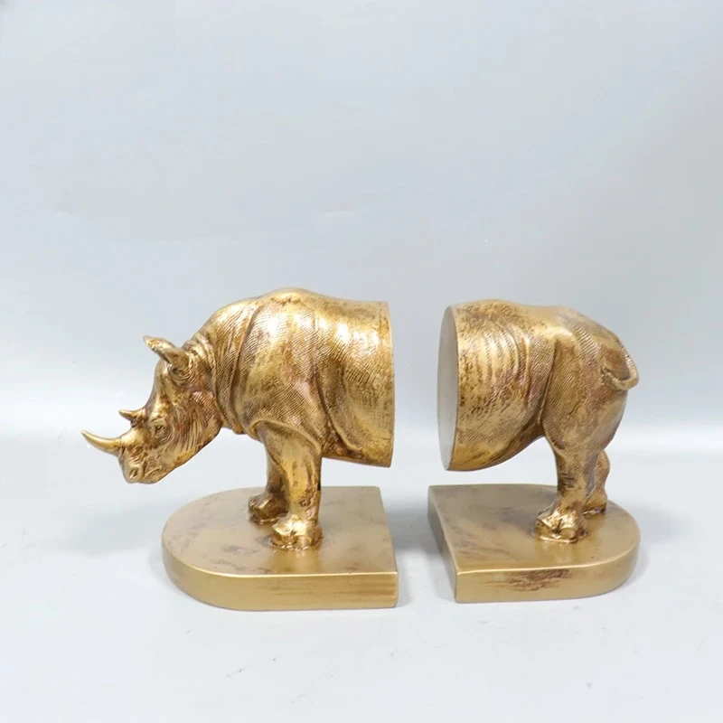 Retro Golden Rhinoceros Statue Library Bookend 2 Pcs Ornaments Desk Decoration Rhinoceros Resin Sculpture Room Aesthetic Decor
