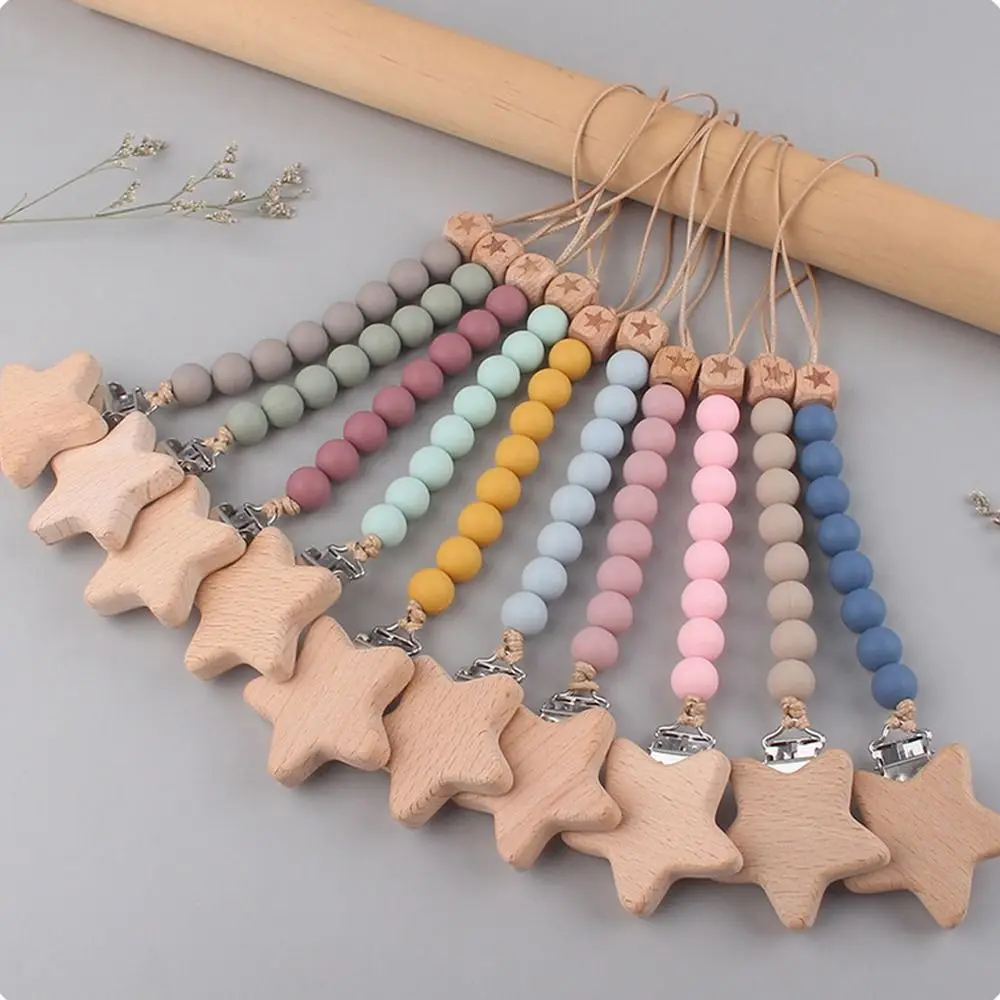 

Leash Soother Holder Beads Star Food Grade Beech Wood Silicone Lanyard Pacifier Clips Chains Molar Chain Baby Pacifier Chain