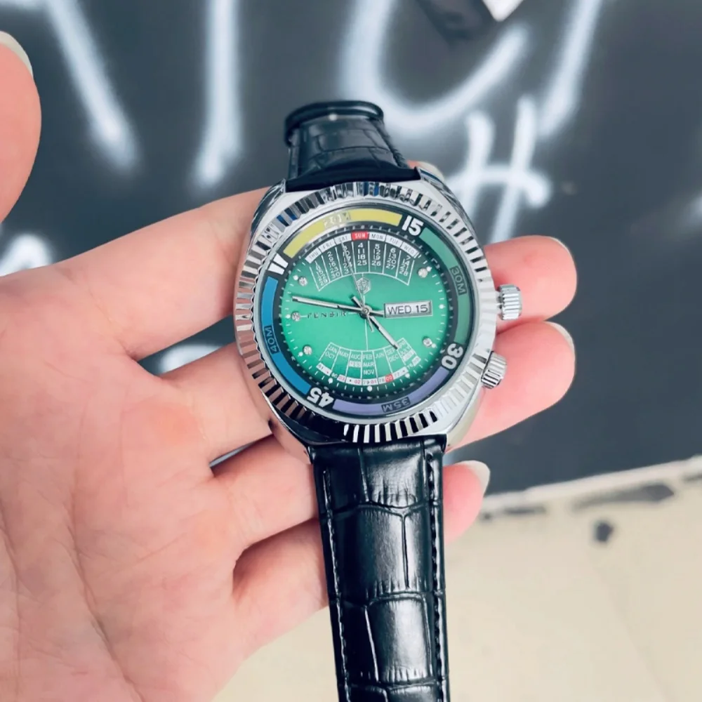 

European and American Style Hot-Selling High-End Fashion Men's Watch with Dual Calendar, Waterproof Leather Strap, Stylish Business Casual, Unique and Cool Trendy Men's Wristwatch, the Best Gift for Him