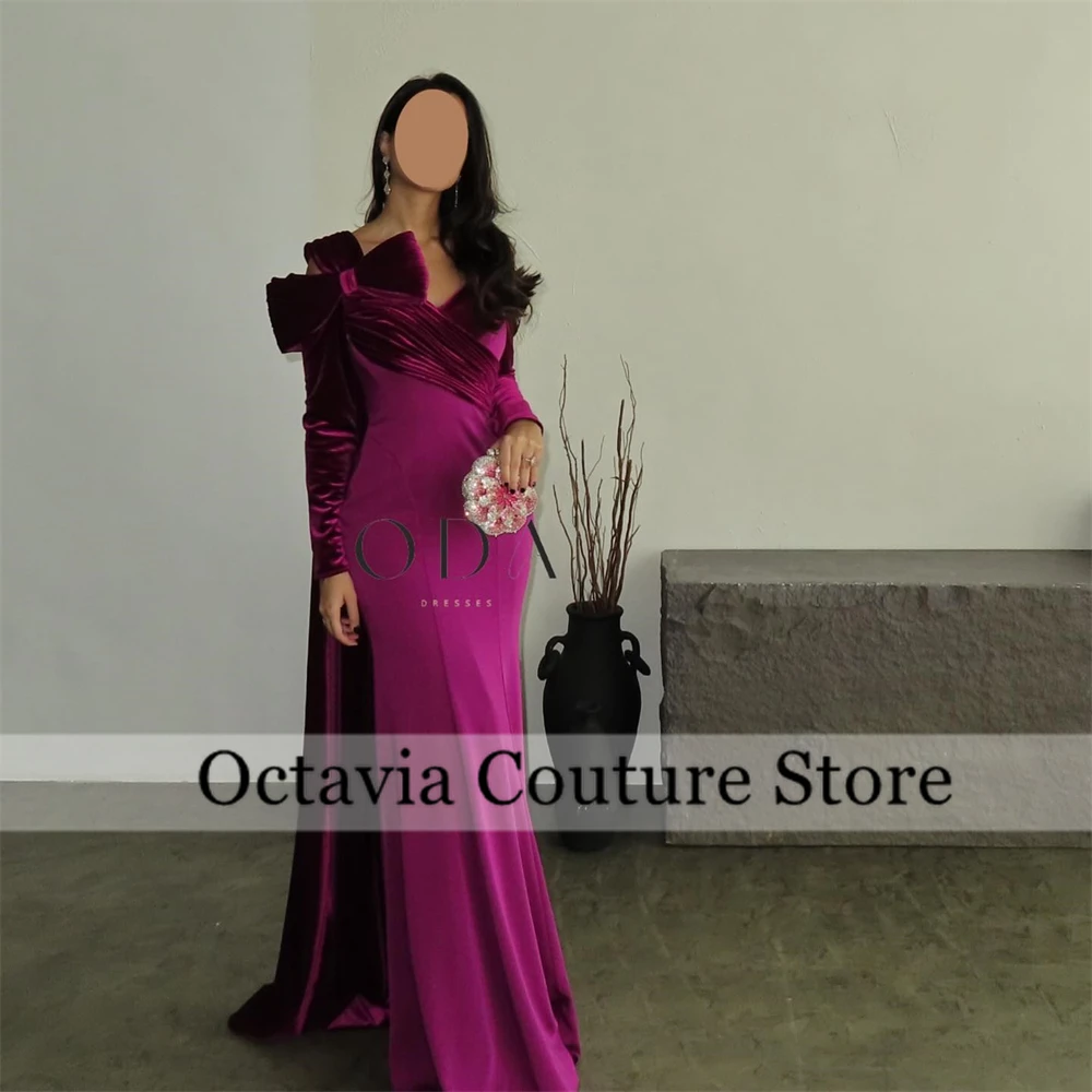 

New Fashion Purple Bow Dubai Evening Dresses Off Shoulder Full Sleeve Formal Gowns Long Train Celebrity Party Dress Customized