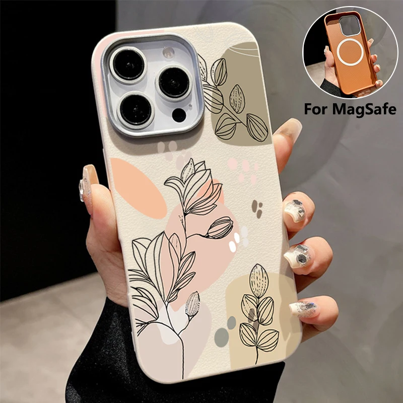 Abstract Plants Magnetic For MagSafe Leather Phone Case For iPhone 16 15 Pro Max 14 Plus 13 12 Pro 11 Shockproof TPU Soft Cover