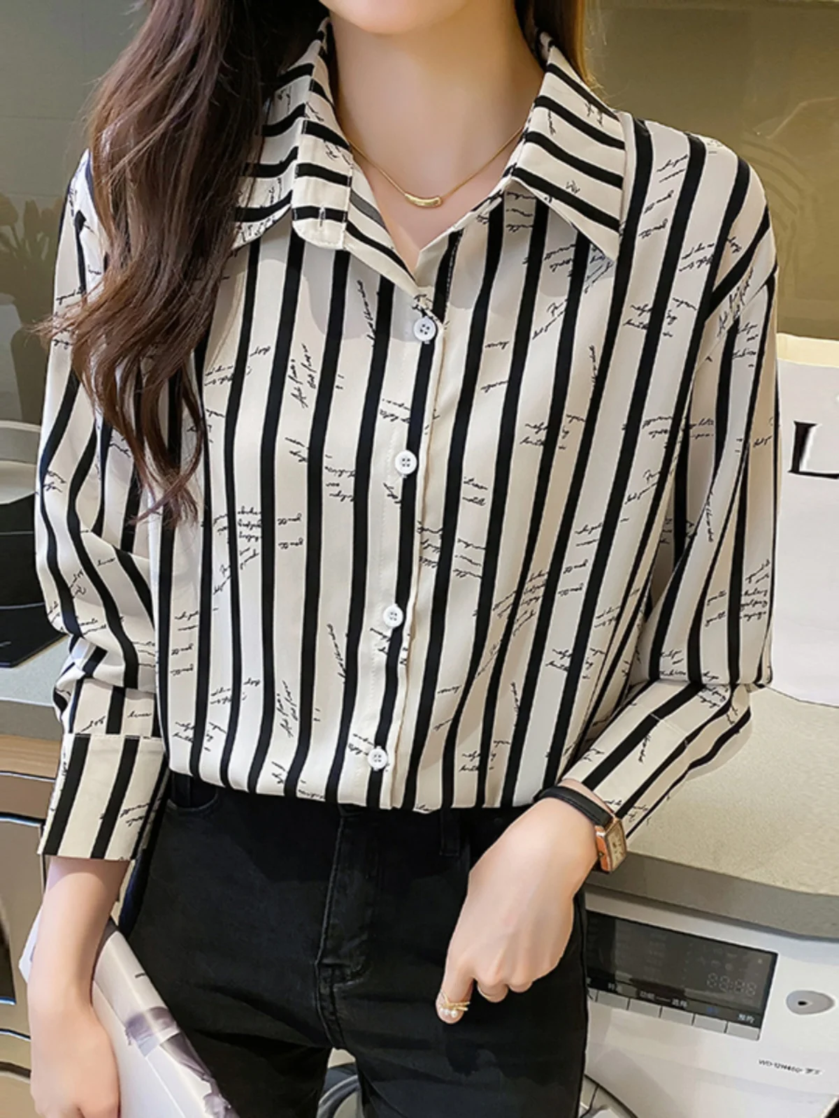 

Новая полосатая шифоновая блузка с длинным рукавом, свободного кроя, дышащая, профессиональная, для работы, с воротником