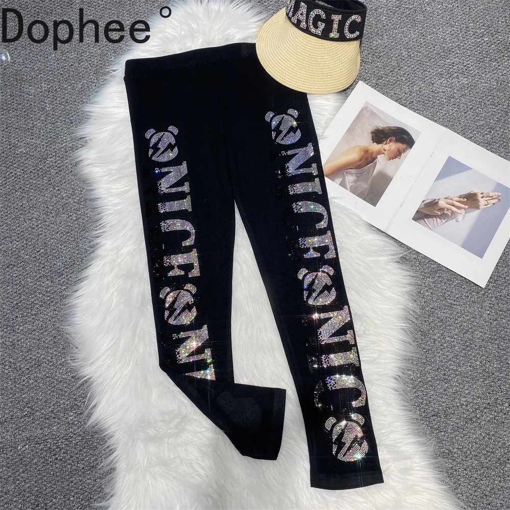 

Large Size High Stretch Sports Leggings for Women High Waist Shiny Letters Hot Drilling Slimming Pencil Pants Ankle-length Black