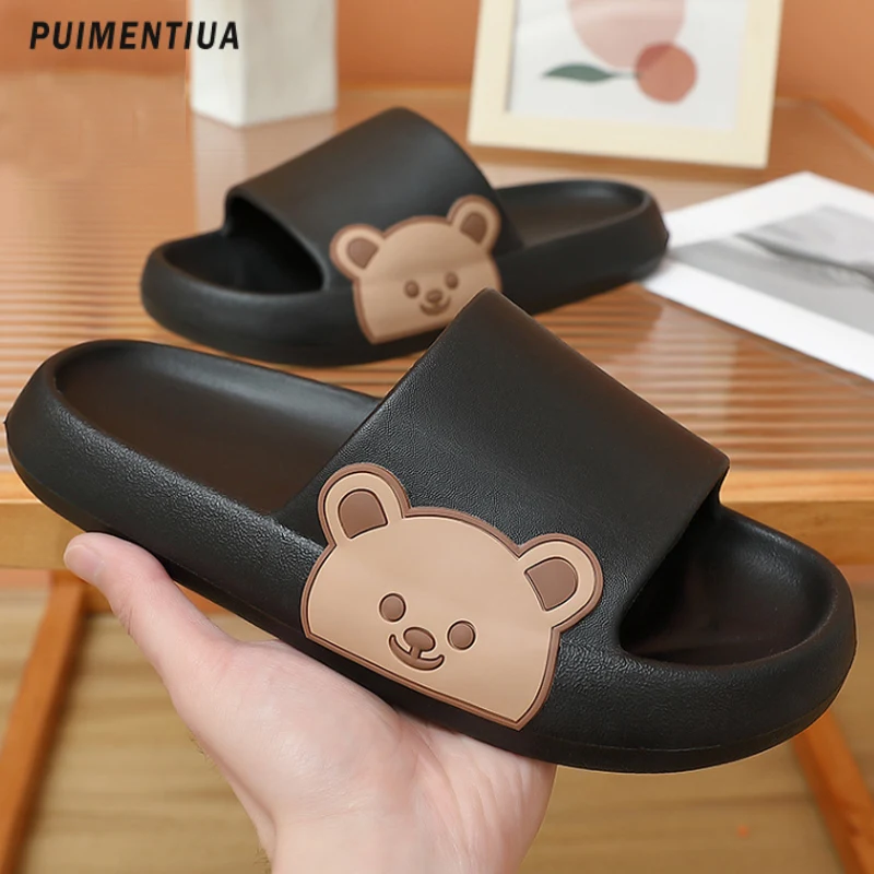 Summer Home Bathroom Slippers For Men Thick Platform Non-Slip Cartoon Bear Flip Flops Beach Women Slipper Sandals Slides Outdoor