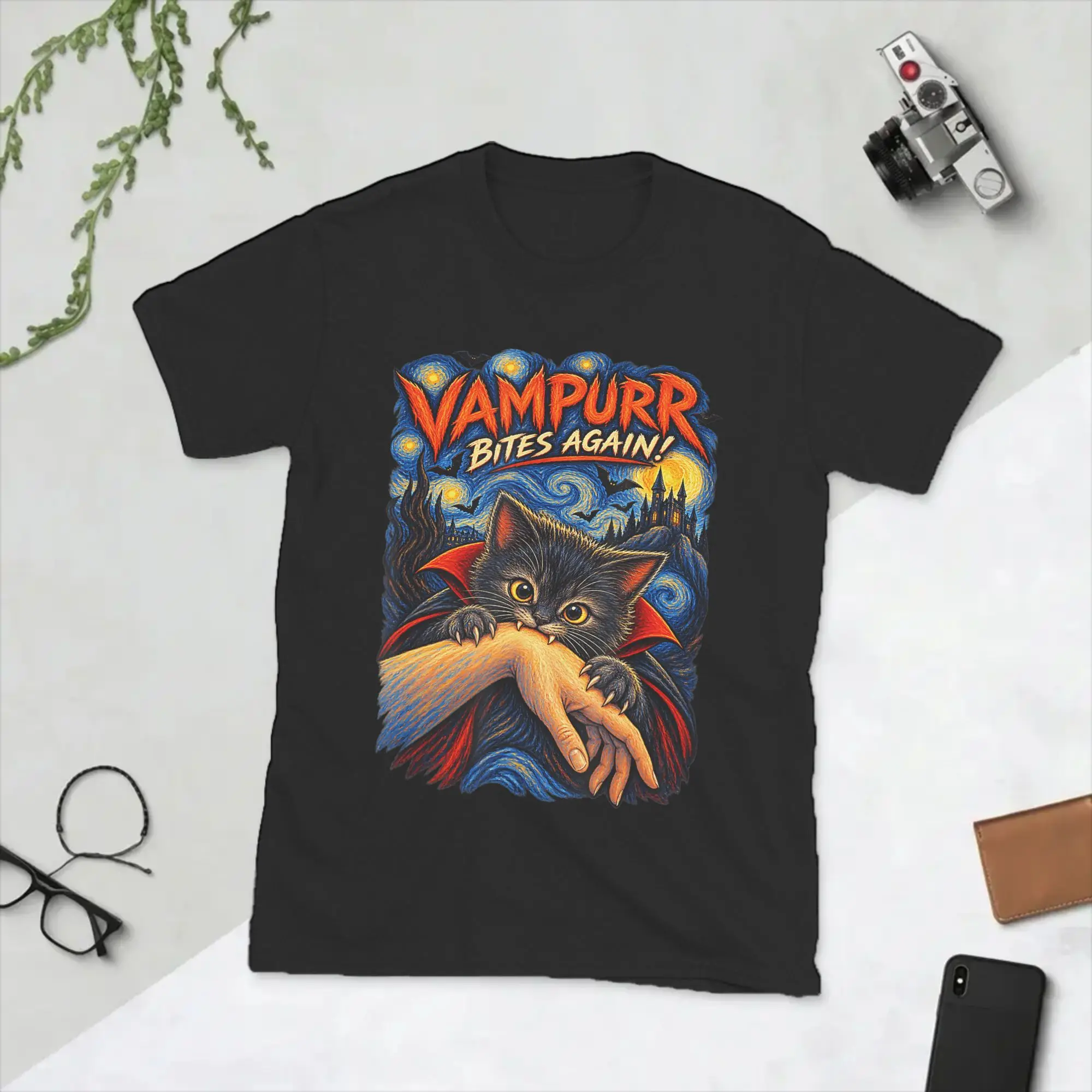 Vampurr Bites Again Halloween Vampire Cat T-Shirts for Men  Vintage Pure Cotton Tee Shirt O Neck Short Sleeve T Shirt Clothing