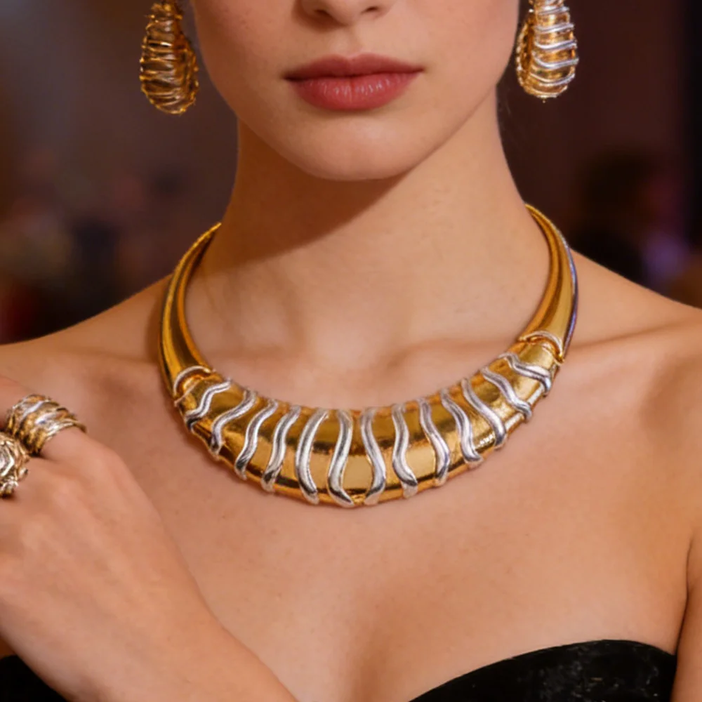 Vergoldetes Ohrringe- und Halsketten-Armband-Ringe-Set für Damen Italienischer Vintage Hochzeits- und Partyschmuck Geschenkset – Detail 3