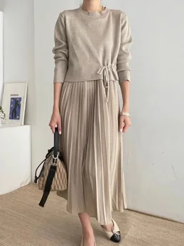 Pull en tricot décontracté à col rond pour femme, haut vintage, robe caraco plissée, pull femme, haut court, 2 ensembles, automne 2025