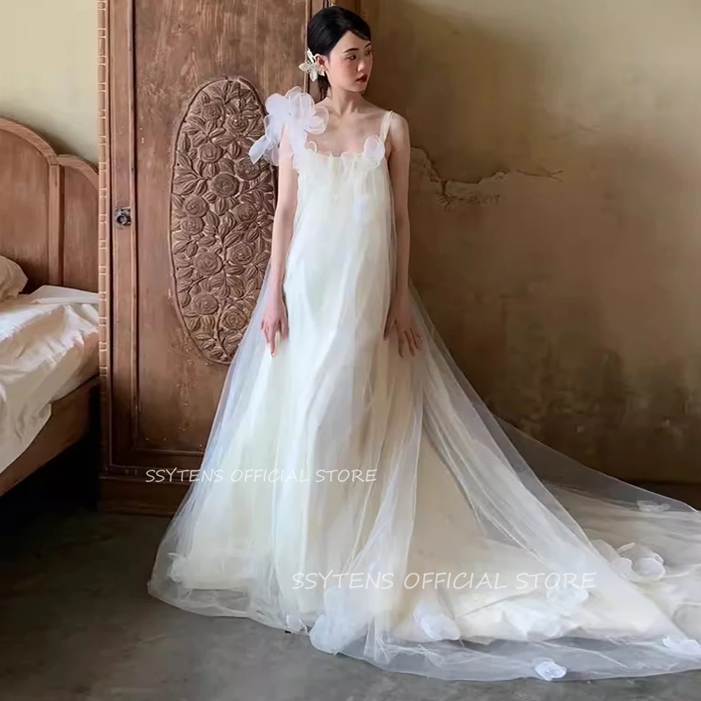 Fata elegante avorio corea abiti da sera da sposa servizio fotografico abito da sposa senza spalline abiti da ballo in Tulle abito da festa formale