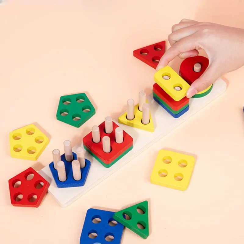 2024 Building Block Four Sets Columns Geometric Sleeve Column Children Montessori Early Education Shape Matching Color Cognitive