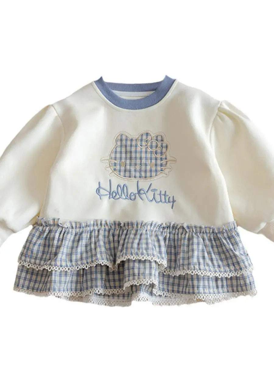 Conjunto de Ropa para Niñas con Sudadera Bordada de Dibujos Animados y Falda con Dobladillo de Encaje Floral para Primavera/Verano