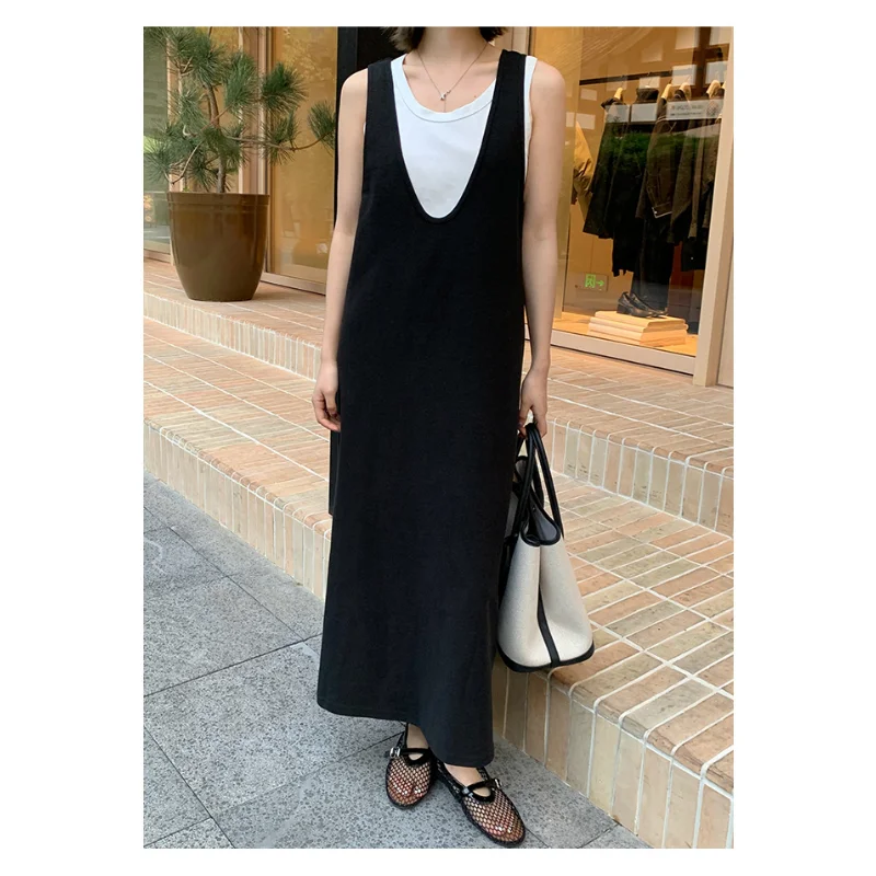 

Women Round Neck Knitted Casual Two-piece Contrast Vest+ Sleeveless Dress Spring Summer Korea Simple Basic Loose Lazy Long Dress