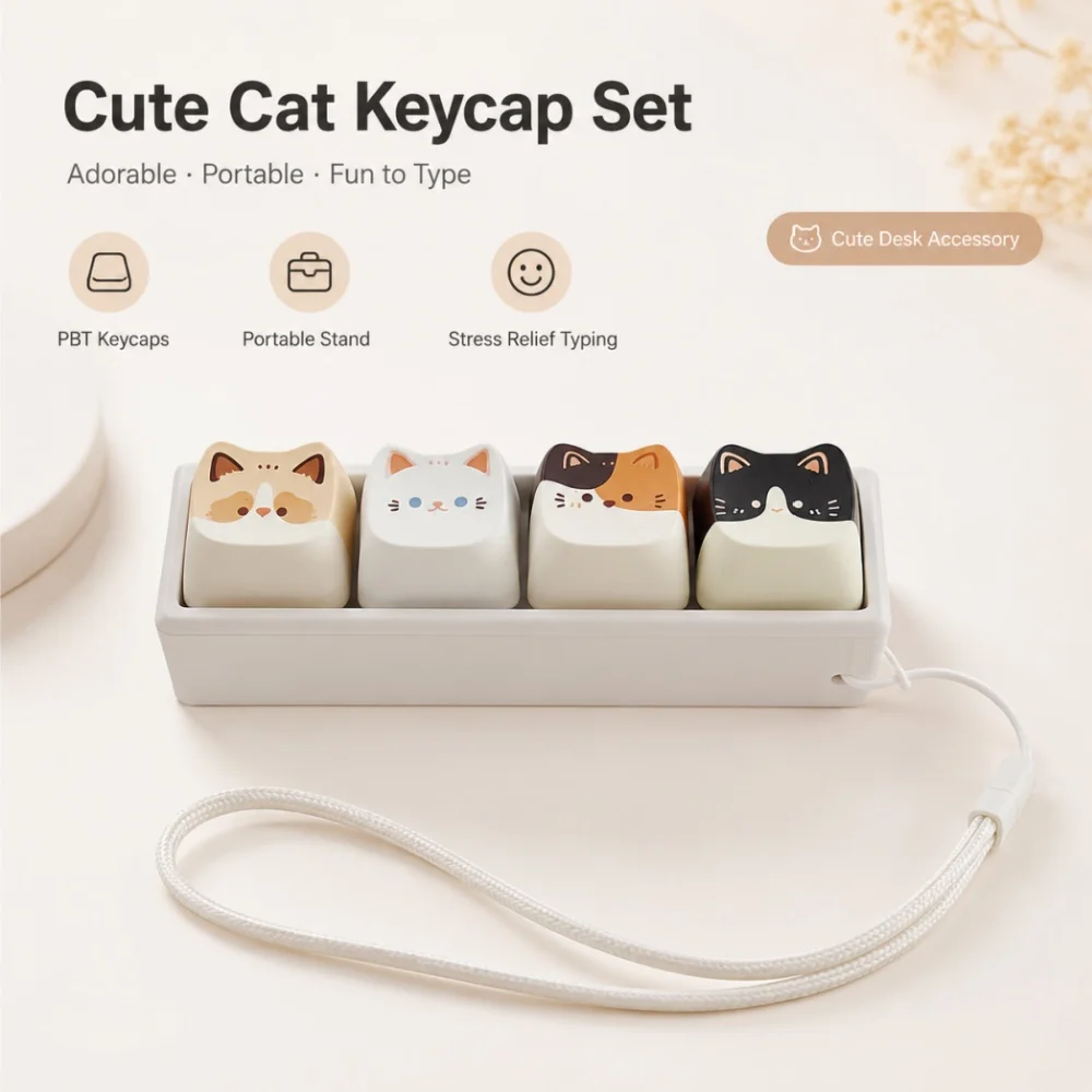 Cute PBT Keycap Stress Relief Toy Portable Matte Keyboard Accessory with Base Holder Anti Grease Gift for Desk Student