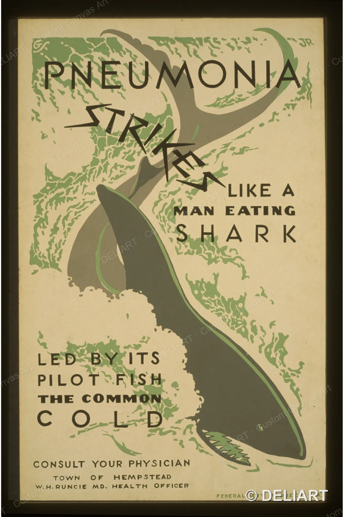 Pneumonia strikes like a man eating shark led by its pilot Vintage WPA Public Health Canvas Wall Art Poster Print Unframed