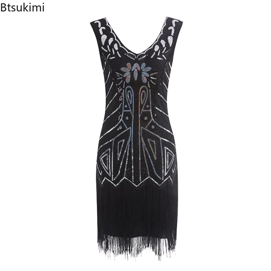 Retro 1920s Gatsby Dance Dress Evening Party Gown Women New V-Neck Fashionable Beaded Sequin Long Fringed Sleeveless Midi Skirt