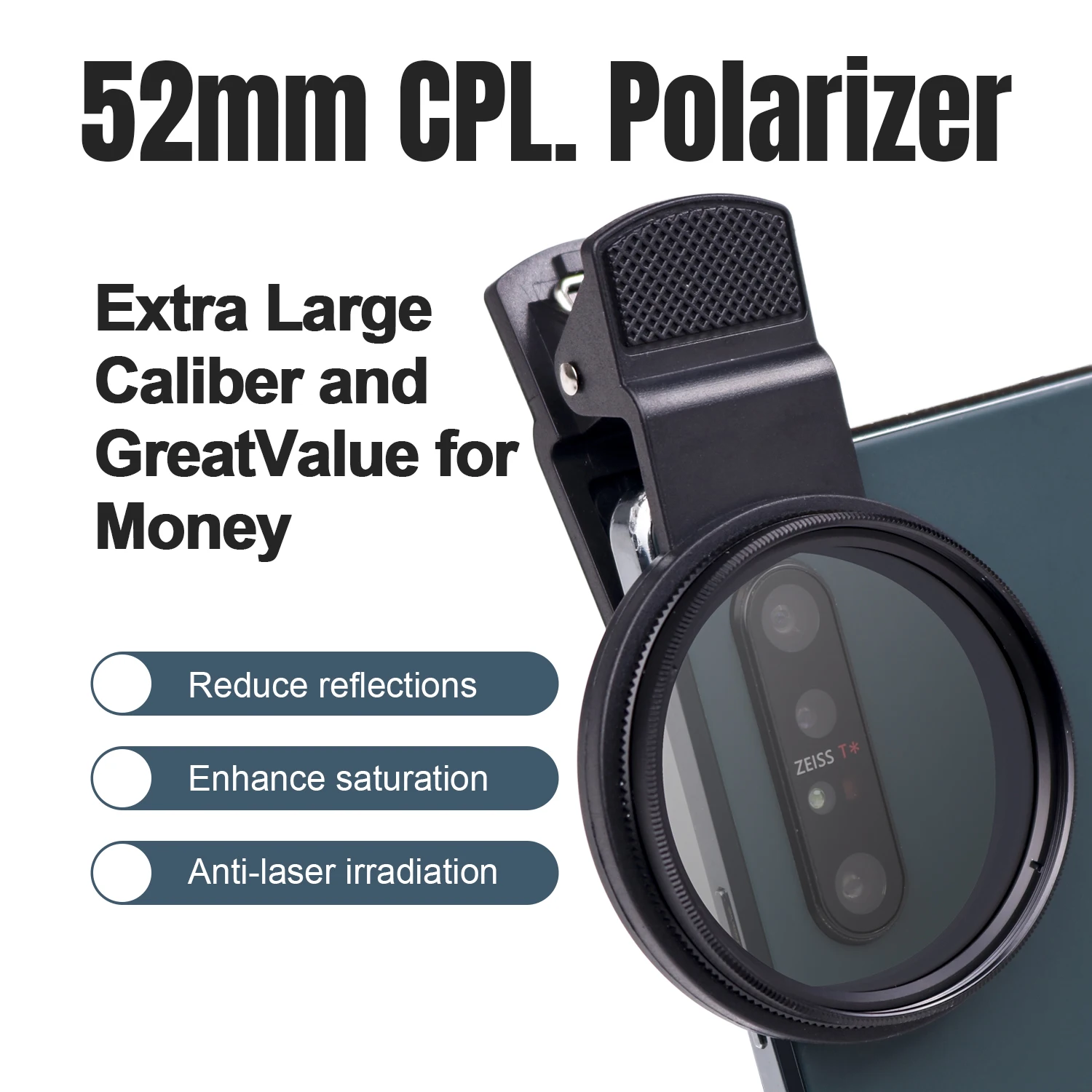 52mm CPL Circular Polarizer Filter with Phone Clip Professional Tattoo Photography Anti-reflection Mobile Phone Polarizing Lens