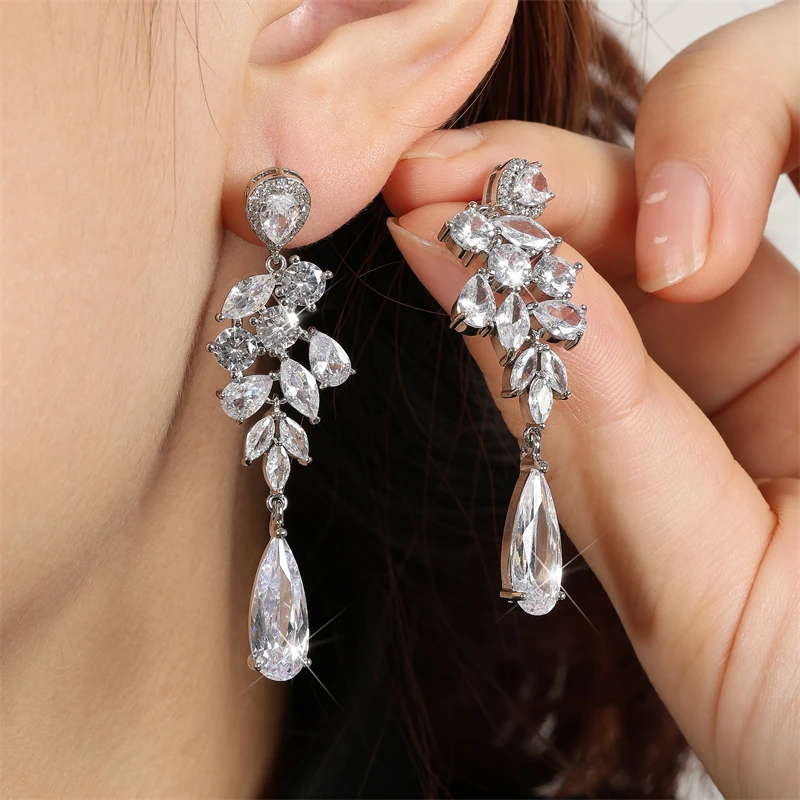 ZAKOL Fashion Water Drop Marquise Zircon Dangle Earrings for Women Shinny Crystal Leaf Long Earring Bridal Wedding Jewelry