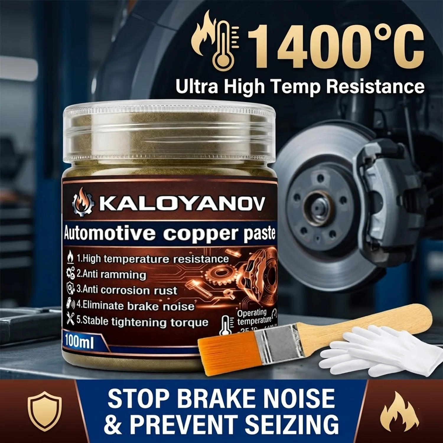 Pasta de Cobre Lubricante Antiadherente Grasa de Alta Temperatura para Eliminar el Chirrido de Frenos de Coche y Pernos de Escape, Antioxidante, 100ml, Kit de Mantenimiento con Cepillo