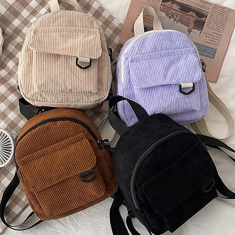 Mini Solid Color Corduroy Backpack Minimalist Small Backpacks For Girls Kids Travel Casual Bag Student Bookbag