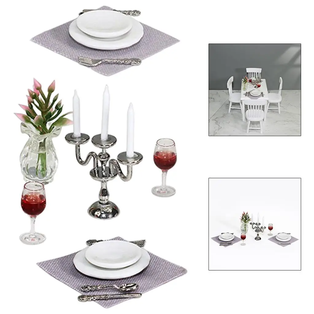 Dollhouse Kitchen Decorative Accessories for Miniature House 1 12 Scale Porcelain Tableware Alloy Knife Fork Spoon Fabric Cloth