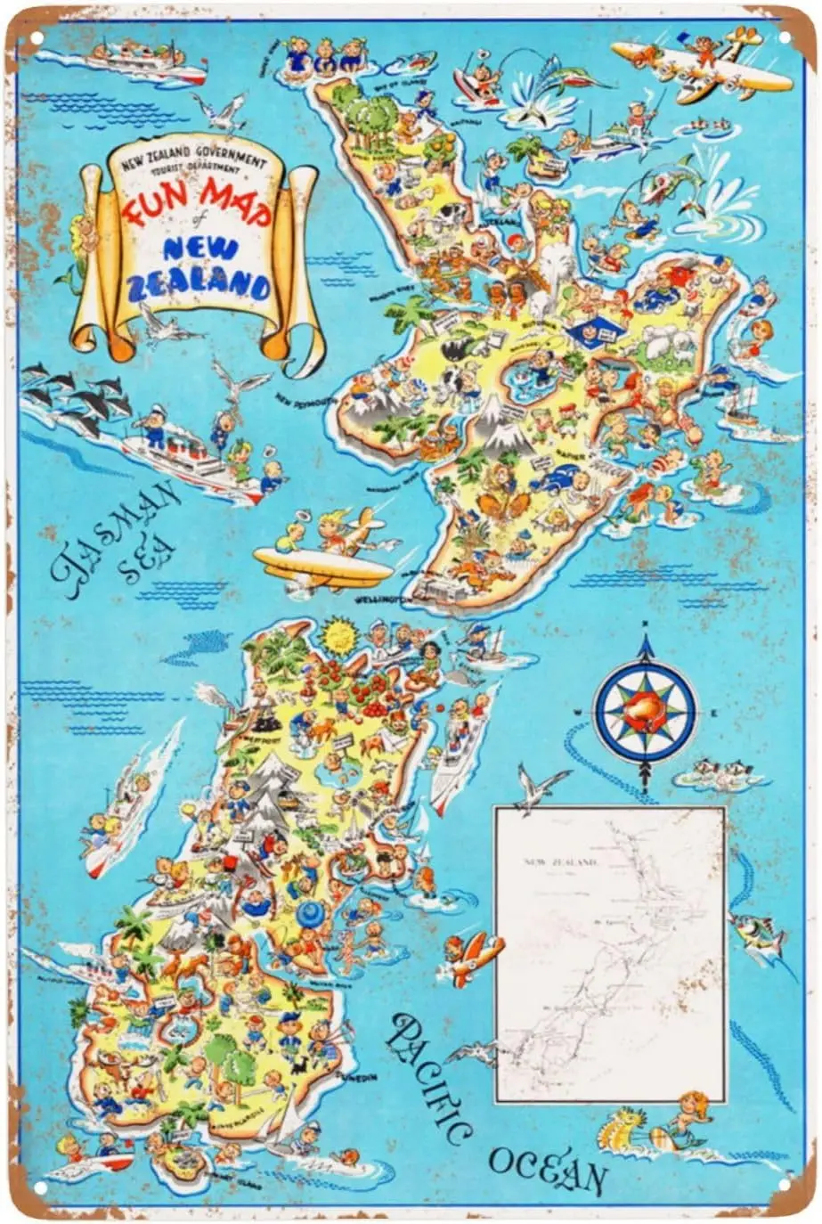 金属製のトラベルサイン,ヴィンテージのブリキの看板,レトロなさびたトレイ,クラシックなデザイン,スタイリッシュ,ユーモラス,ニュージーランド