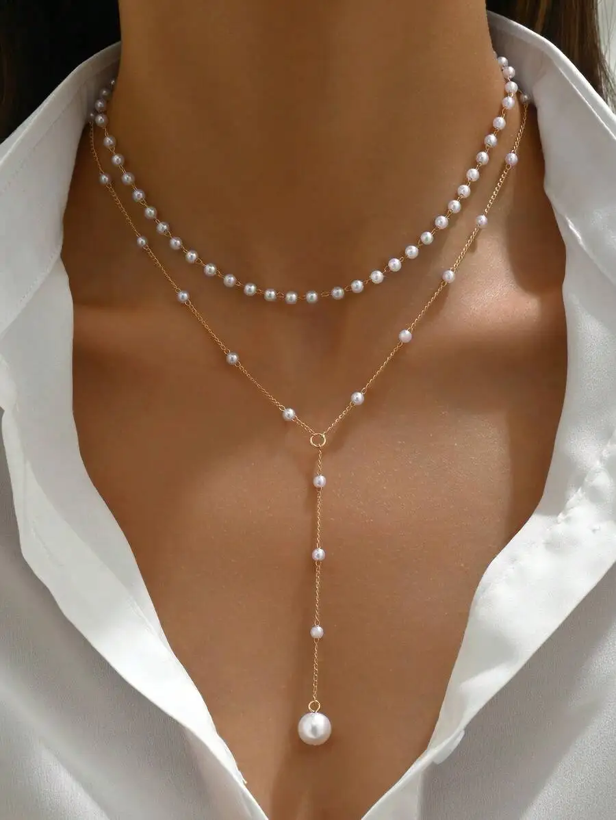 Gold Y Shaped Layered Necklace with Rhinestones