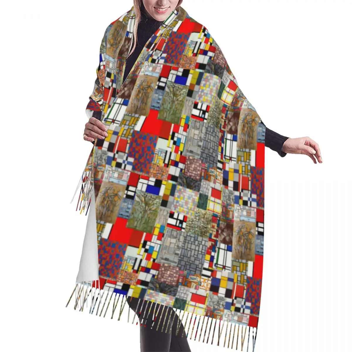 Piet Mondrian De Stijl bufanda De arte abstracto para mujer, chal largo y cálido con borlas, bufandas versátiles De moda Unisex, Invierno