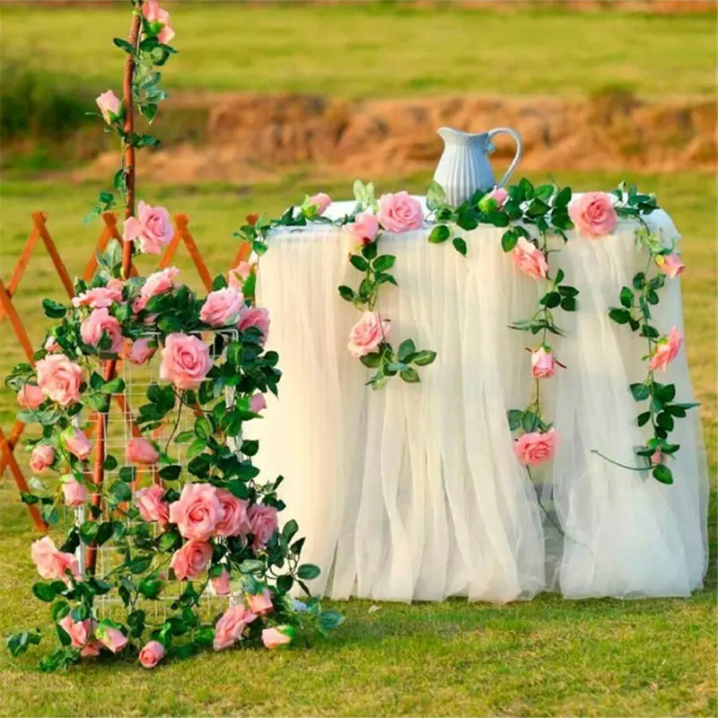 Guirnalda de flores artificiales de 16 cabezas, decoración navideña para boda, hogar, habitación, arco de jardín, planta falsa de pared DIY, enredaderas de hojas de rosas