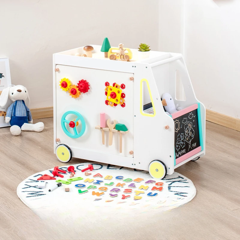 Montessori Wooden Kids Toys Multi Functional Learning Storage Cart Magnetic Blocks Drawing Blackboard Board Games Accessories
