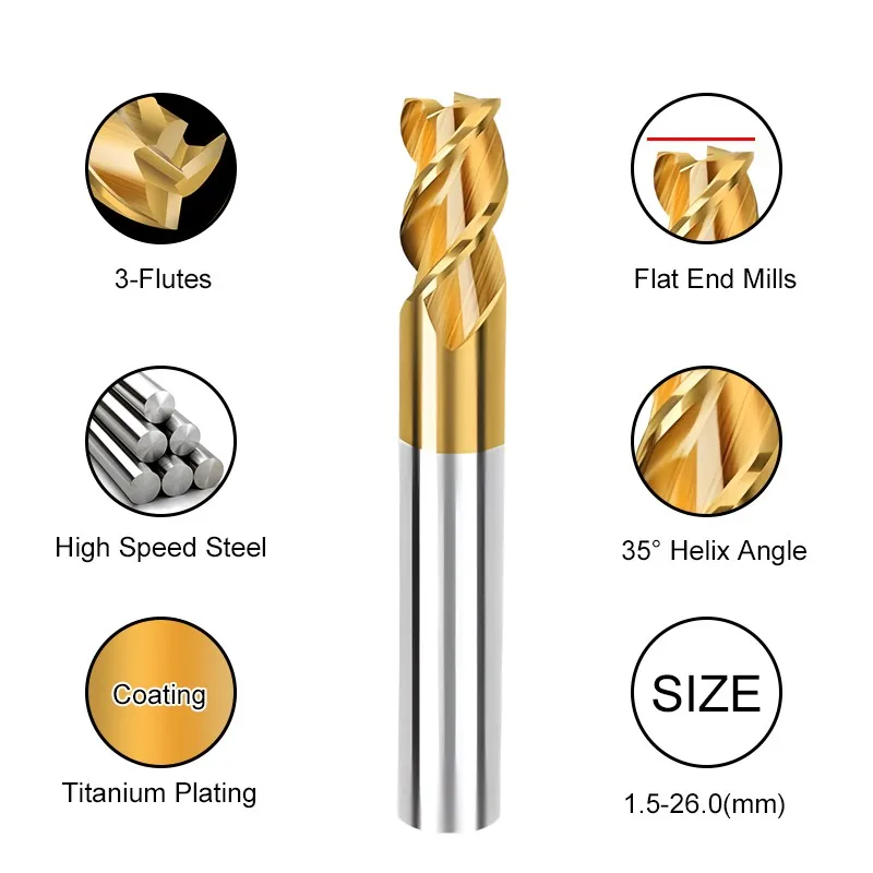 AZZKOR Superhard Straight Shank CNC Machining Tools 3-Flutes White Steel Milling Cutter High Speed Steel Titanium Endmills
