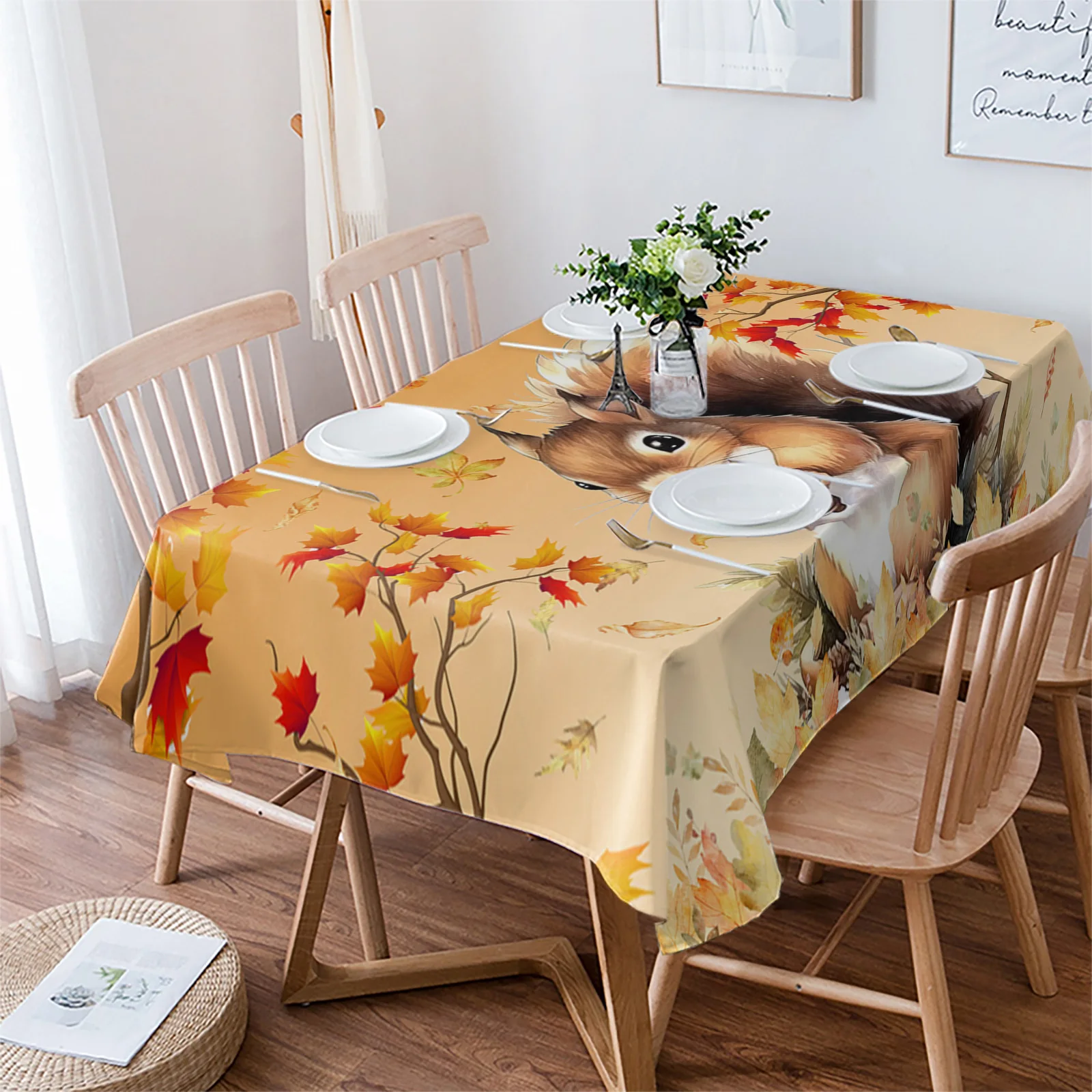 Thanksgiving Pumpkin Autumn Squirrel Table Cloth Waterproof Dining Tablecloth Kitchen Decorative Party Table Cover