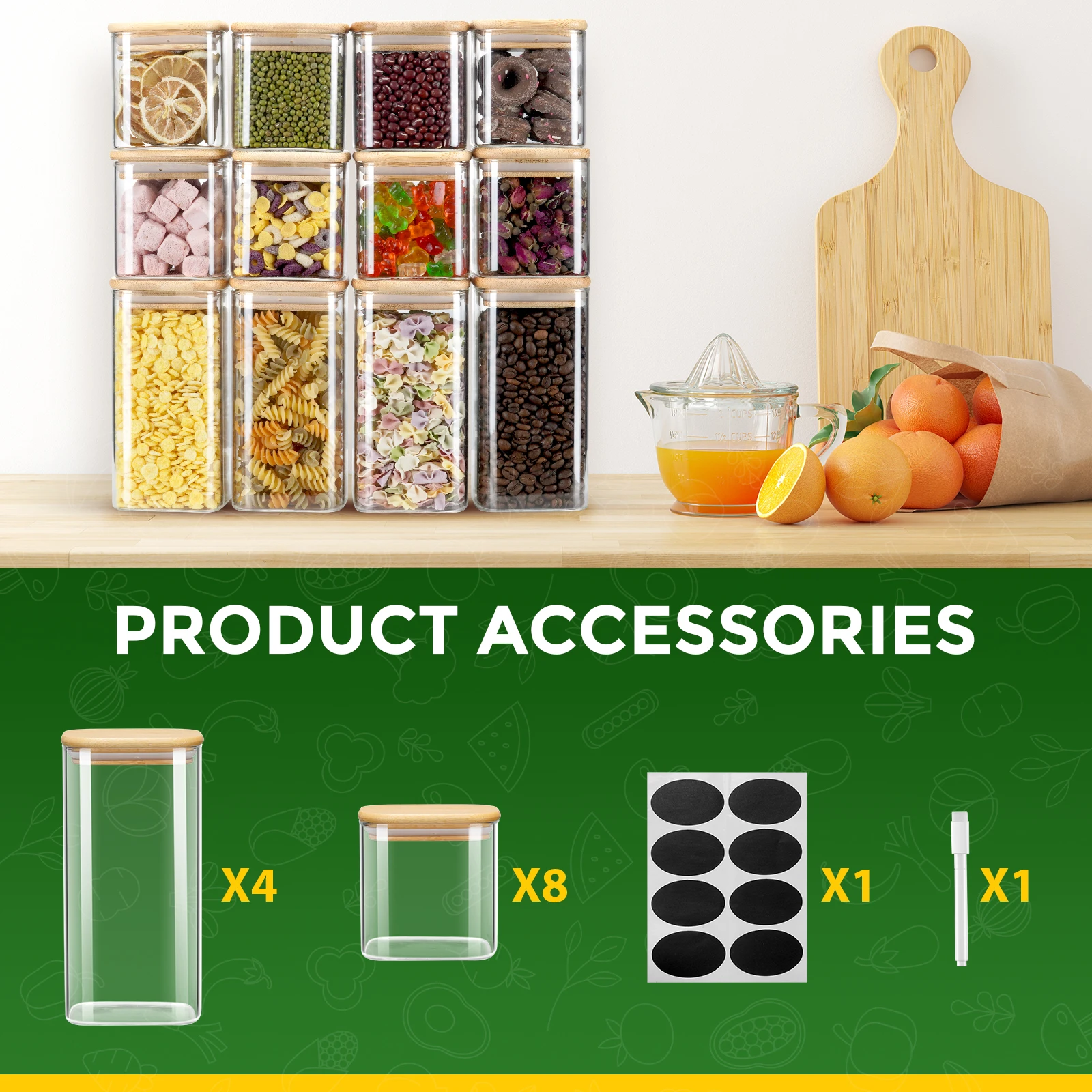 12Pcs Square Glass Food Storage Jars 430ml/600ml Bamboo Lid Transparent Sealed Stackable Canisters for Kitchen Organization 3
