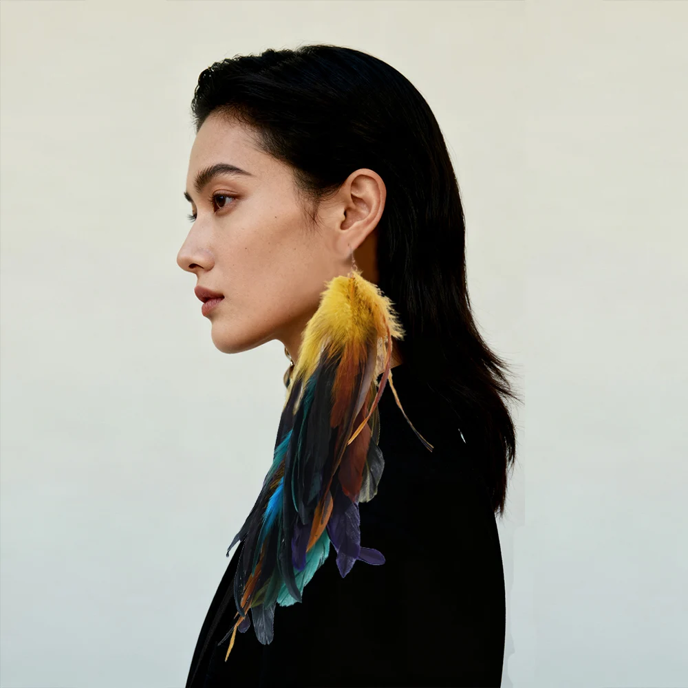 

Exaggerated Fashion Colorful Feather Long Earrings For Women Bohemian Indian Tribal Hippie Feather Dangle Statement Jewelry