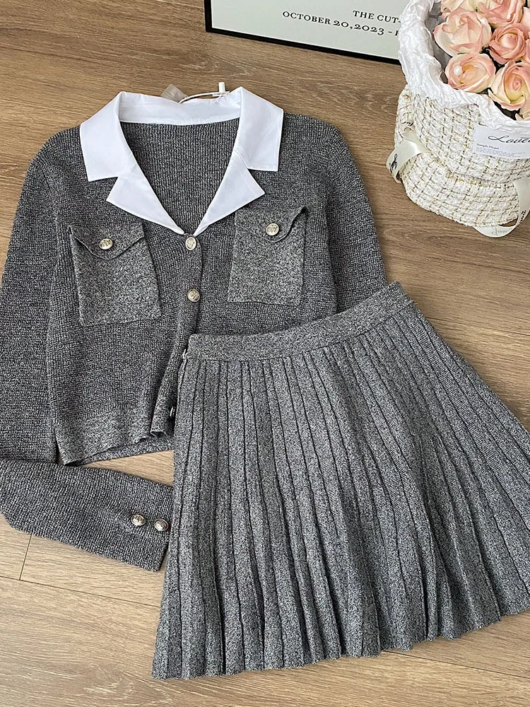 Korean Elegant  Outfits 2 Piece Skirt Set Grey Cardigan + Elastic Waist Pleated Skirt 2000s Aesthetic Gyaru Chic Preppy Style