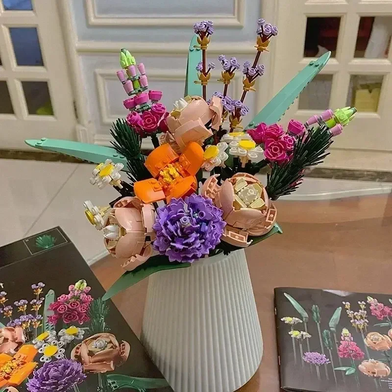Blocs de construction de Bouquet de roses et de fleurs, modèle de plante 10280, décoration de bureau, cadeau romantique pour adultes et enfants, jouet de noël et d'anniversaire