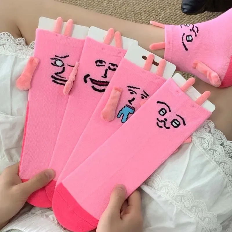 1-10Pairs Fall Winter Magnetic Hand-Holding Socks Cute Abstract Expression Funny Socks Warm Cozy Couple Maternity Socks