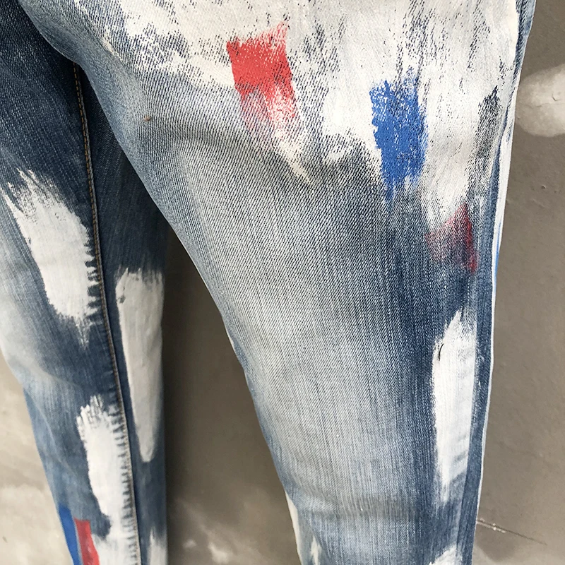 Spring Small Straight Elastic Slim Jeans Paint Men High Street Jean Speckled Ink Denim Trousers Men Skinny Motorcycle Pants