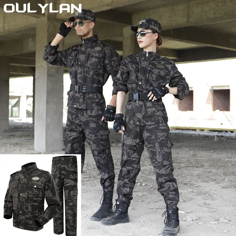 Oulylan Tactical Sets Men Multi-Pocket Jackets+Pant+Hat+Belt +Glove 5 Pcs Suits Camo Army Waterproof Tactical Set