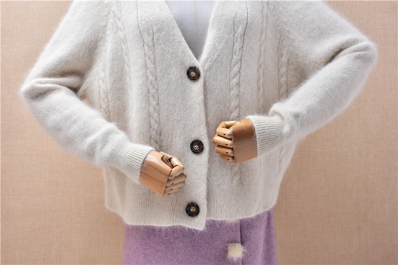 Donna Donna Primavera Autunno Abbigliamento Beige Peloso Angora Capelli di coniglio Lavorato a maglia Maniche lunghe Scollo a V Cardigan allentato Giacca maglione