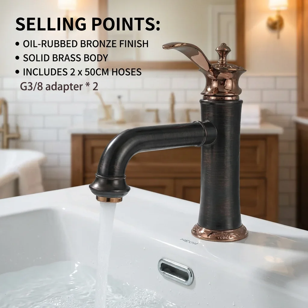 

Oil Rubbed Bronze Bathroom Faucet, Solid Brass Vintage Single Handle Basin Mixer Tap, Deck Mount Hot Cold Water Lavatory Faucet