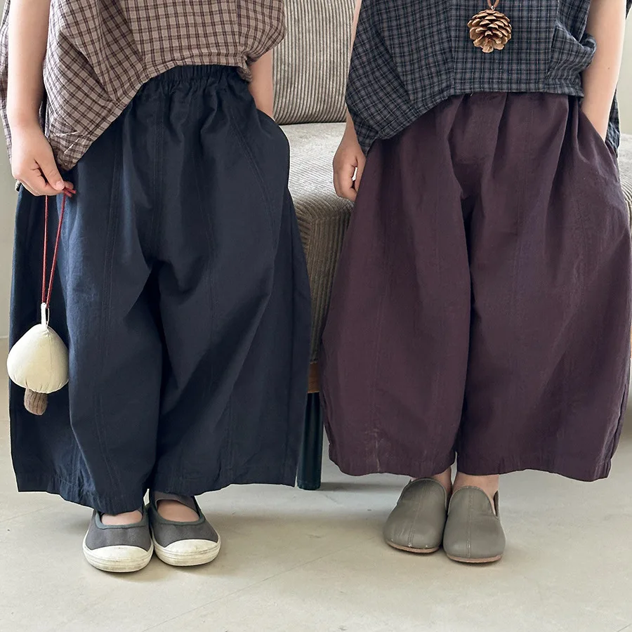 Pants 2025 Summer New Childrens Clothes Boys and Girls Loose Solid Color Splicing Nine Minutes Pants Casual Simple Daily